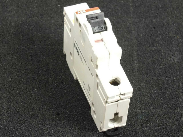 ABB S281 K6A 1-pole DIN rail circuit breaker – left-side angled view showing toggle handle in ON position