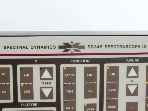 Spectral Dynamics SD345 Spectrascope III front panel close-up showing brand logo, model designation, and upper keypad sections: X, Y, Function, Avg MI, Plotter, Remote