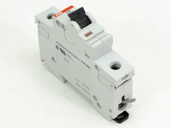 ABB S281UC-Z3 1-pole DIN rail circuit breaker – left-side angle view showing UL and VDE markings on housing
