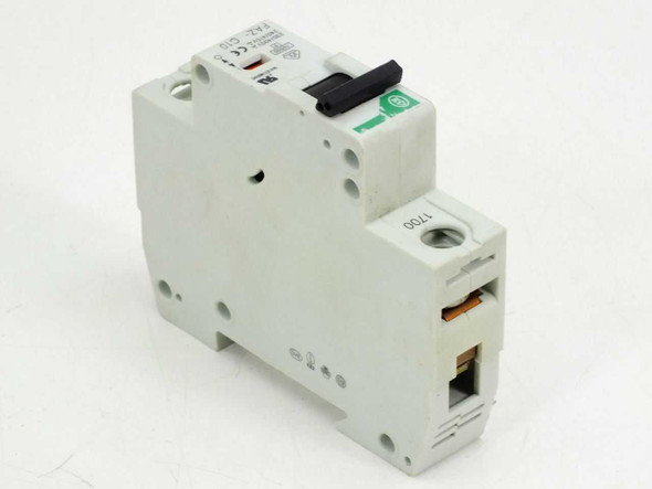 Eaton Moller FAZ-C10/1 circuit breaker – right-side view showing label, red trip indicator window, and date code 1700