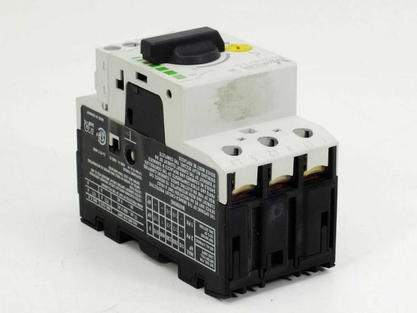 Eaton Moeller PKZM0-2.5 Manual Motor Protector – angled rear-right view showing side labeling, rating plate, and auxiliary contact block attached