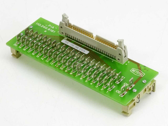 Netstal PIA 110.240.6181a system interface board – angled top view showing front pin header rows and DIN edge connector