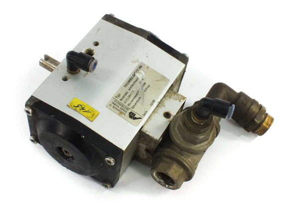 MIT TKOMB2-04ETF-06I single-acting pneumatic ball valve actuator – front-left view showing aluminum actuator body and brass ball valve with push-in fittings