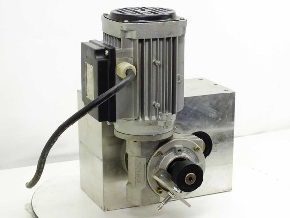 TaktOMat XP 80 parallel indexer gearbox with Sigl GmbH motor mounted on top — three-quarter front view showing output shaft and cable