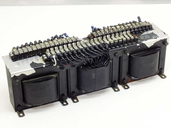 Varian M.E.D. 01-000531 3-gang tapped inductor assembly — three-quarter front-left view showing three toroidal cores and numbered terminal strip with wiring