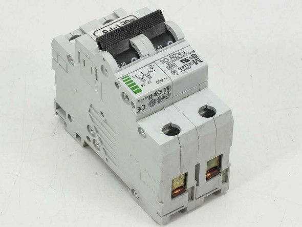 Eaton Moeller FAZN C6 circuit breaker – right side angle view showing wiring terminals and DIN rail clip