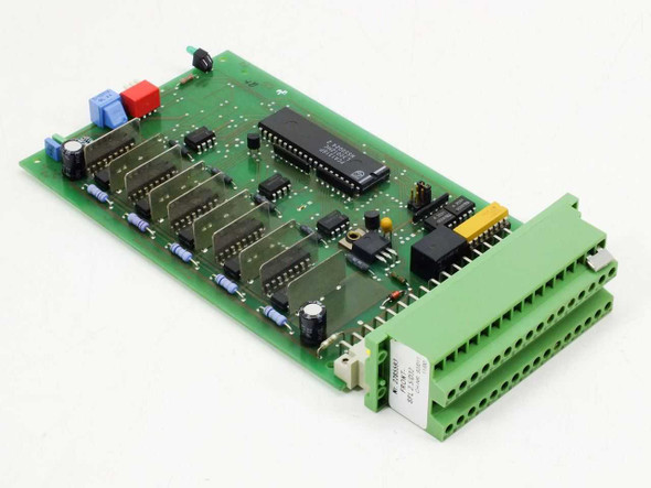 Berger Lahr 220642-00-01 control PCB for Singulus Skyline injection molding system — top-side angled view showing green screw-terminal connector on right edge