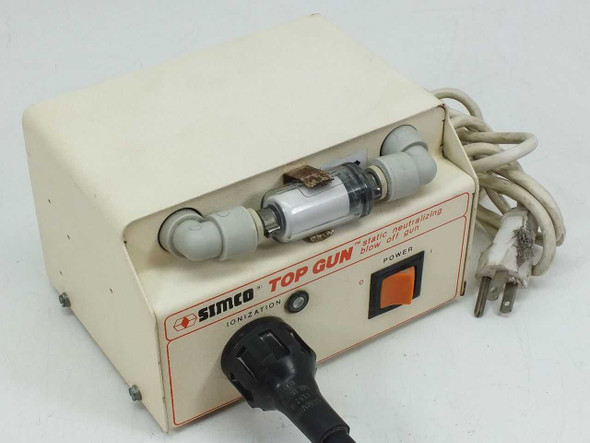Simco Top Gun F10 power unit front panel — ionization knob, orange power toggle switch, and ionizer tube assembly visible