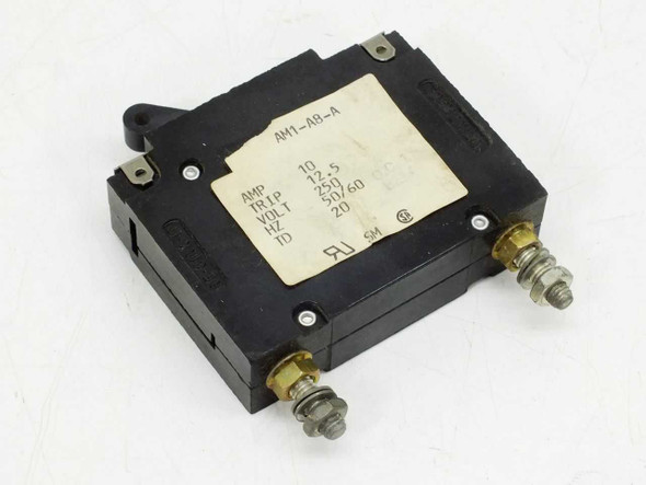 Heinemann AM1-A8-A 10A 250V circuit breaker – top view showing rating label with AMP 10, TRIP 12.5, VOLT 250, HZ 50/60, TD 20