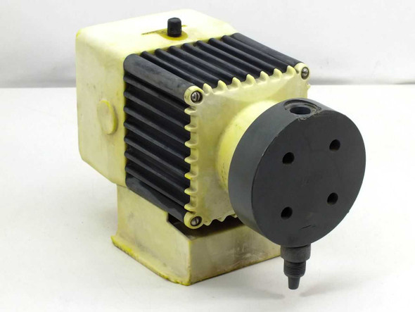 Liquid Metronics dosing pump left-side view showing finned motor housing, yellow body, and gray PVC diaphragm discharge head