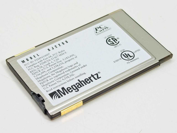 Megahertz XJ2288 PCMCIA modem rear label showing model number, FCC ID, and compliance text
