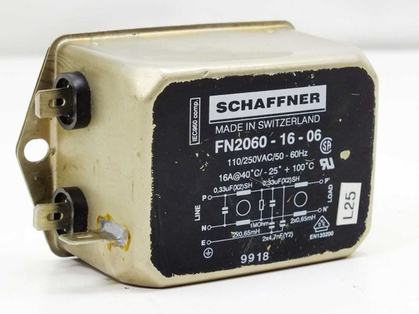 Schaffner FN2060-16-06 EMI line filter – front label view showing model, voltage, and circuit diagram