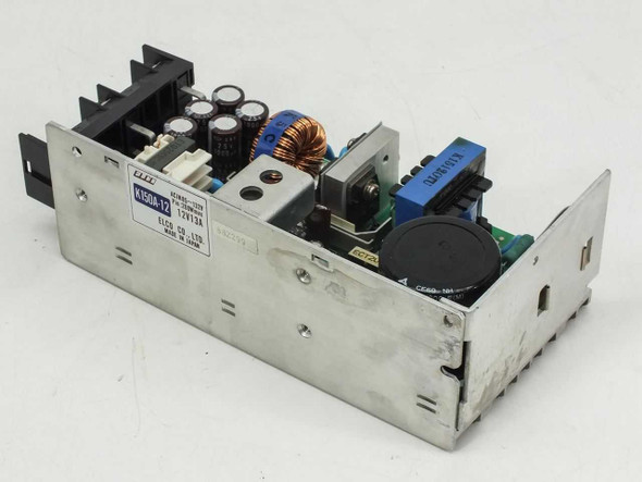 ELCO K150A-12 open frame power supply, angled front-left view showing PCB, capacitors, toroid, and label
