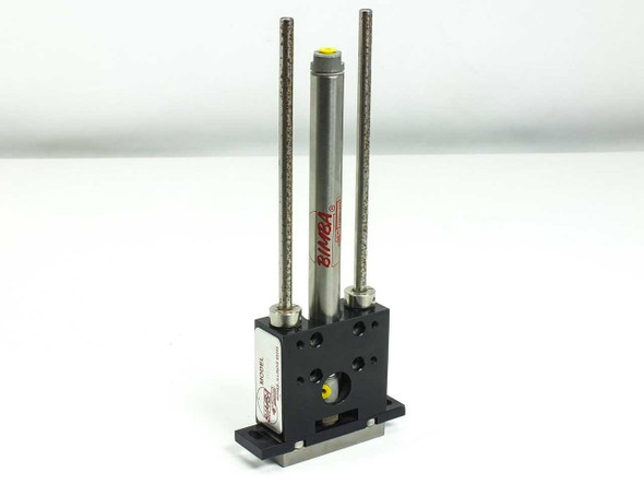 Bimba T-025-S stainless steel guided thruster air cylinder – 3/4 front view showing cylinder body and dual guide rods