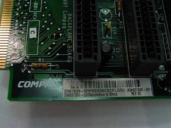 Compaq 278006-001 Backplane Board label detail showing part number, Rev DC, AS#007080-001, and Assembled in China markings