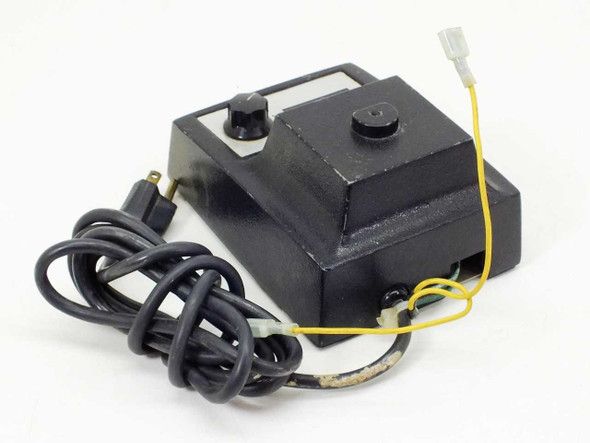 Bausch & Lomb 31-35-28 microscope illuminator transformer — three-quarter rear view showing AC power cord, yellow output wire, and modified lamp connector