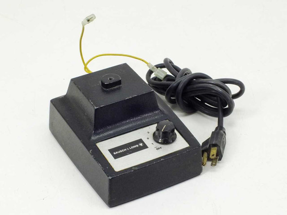 Bausch & Lomb 31-35-28 microscope illuminator transformer — front panel view showing Bausch & Lomb label, rotary brightness switch, and modified output lead with yellow wire