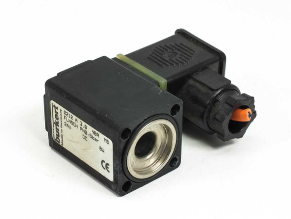 Burkert 0212 A 3.0 NBR MS direct acting solenoid valve – front and connector side view showing label markings and DIN connector plug