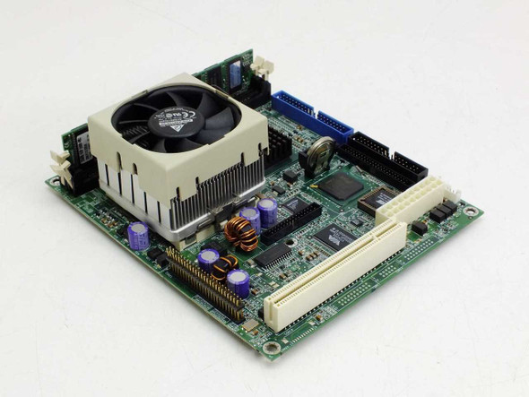 DPF 2972508002 motherboard angled side view showing PGA370 CPU heatsink fan, IDE connectors, and expansion slot area