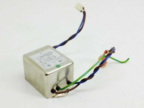 Corcom 3ET3 EMI power line filter – angled rear-right view showing full lead set including blue, brown, and green/yellow wires