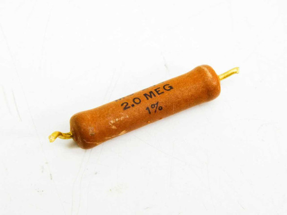 Caddock MS244 resistor reverse side showing 2.0 MEG and 1% tolerance markings on orange molded body
