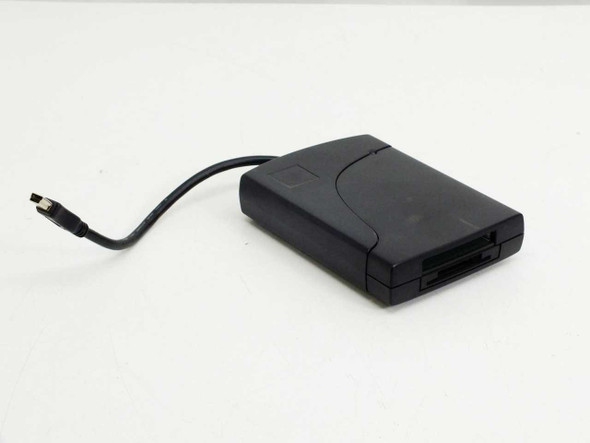 SmartDisk T99860240 media card reader – front-left view showing card slots and attached Mini USB cable