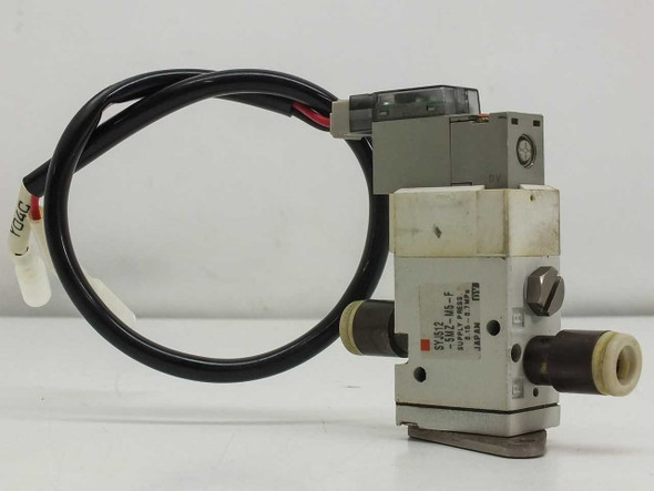 SMC SYJ512-5MZ-M5-F 3-port solenoid valve with mounting bracket and wired coil connector — left side view showing push-in fittings