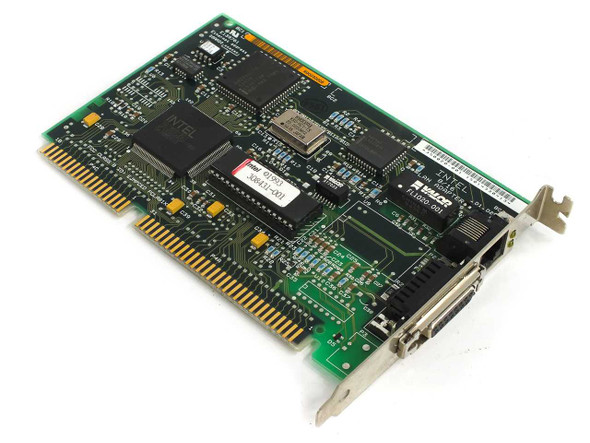 Intel 350020-001 EtherExpress 16-bit ISA LAN adapter card – angled top view showing PCB components and bracket with AUI and RJ45 ports