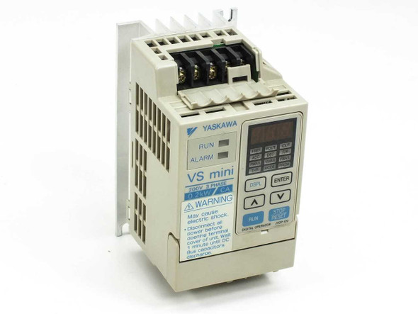 Yaskawa CIMR-XCAA20P2 VS Mini inverter drive — front-right angled view showing RUN/ALARM indicators and JVOP-120 digital operator panel
