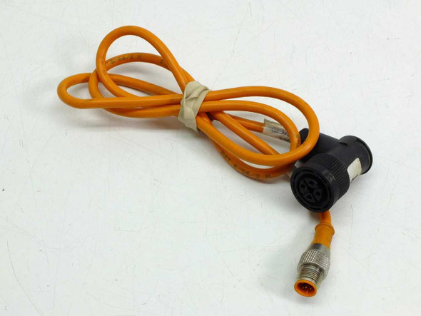 Lumberg Automation RST 5-56/2M cordset — full cable view showing M12 male straight connector and 7/8" female 90° connector, orange cable coiled