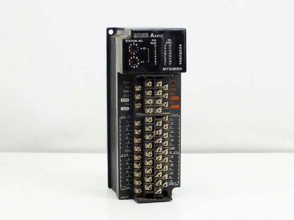 Mitsubishi AX41C MELSEC PLC I/O Module – front panel view showing station number dial, RUN/ERR indicators, and terminal block connections