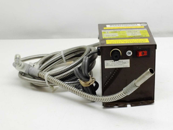 Simco HA-4A static eliminator power unit — front-right view showing ON/OFF switch with red illuminated button and front fiber-optic output port