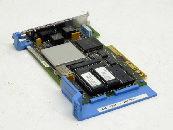 IBM FRU 25F7540 MCA Token Ring card — top-down view of component side showing main ICs, memory chips, and blue MCA retainer
