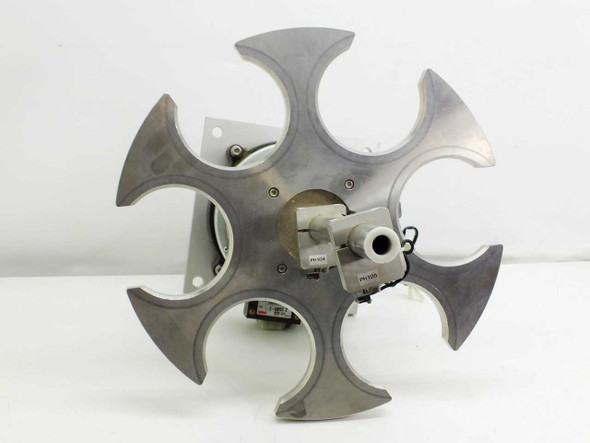 NSK YS2020FN001 – top-down view of 6-slot aluminum rotating tray with EX-13EAD position sensors mounted at center hub
