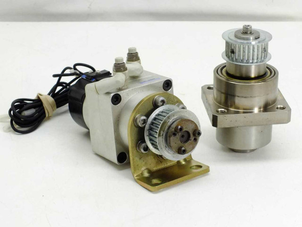 Koganei RANS50-190 Pneumatic Rotary Actuator showing brass mounting bracket and timing belt gear pulley, Venlic gear unit alongside