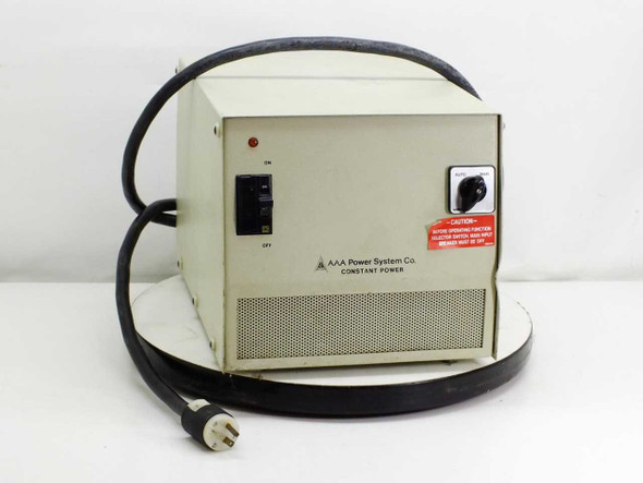 AAA Power System Co. C3002A0100T1 Constant Power 3 transformer — front-left view showing ON/OFF breaker switch, AUTO/MAN selector knob, caution label, and attached input power cord