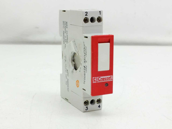 Crouzet GMS-ODC 84130104 DIN rail relay module front view showing red output indicator and terminal connections 1-4