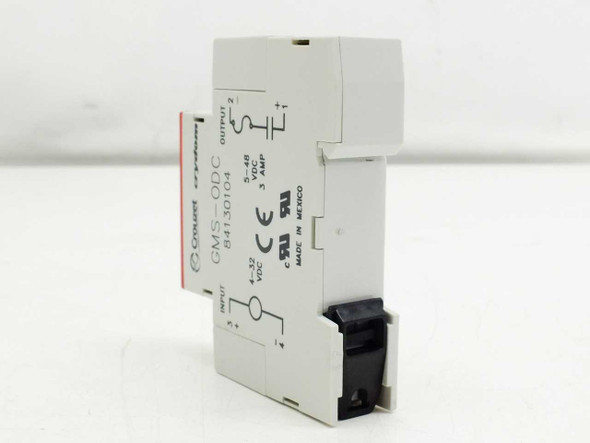 Crouzet Crydom GMS-ODC 84130104 SSR – right side label showing input 4-32VDC, output 5-48VDC 3A, CE and UL marks, Made in Mexico