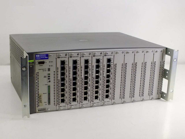 HP J4121A ProCurve Switch 4000M front panel with five J4111A 10/100Base-T modules installed in rackmount chassis
