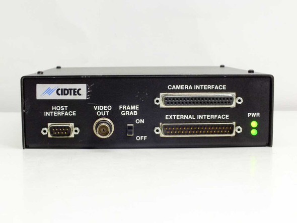 Cidtec ICM7000FX1 front panel close-up — HOST INTERFACE, VIDEO OUT BNC, FRAME GRAB ON/OFF toggle, CAMERA INTERFACE and EXTERNAL INTERFACE D-sub connectors, dual green PWR indicator LEDs