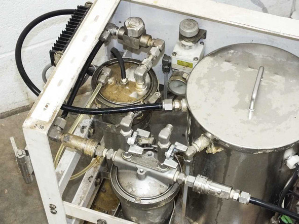Lacquer dispensing system – top-down view of valve manifold, stainless fittings, filter bowls, and interconnecting tubing