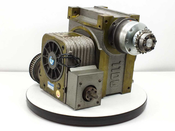 Sankyo Sandex 11DU indexing drive – rear-right three-quarter view showing 7TF-12A torque limiter flange output and gear reducer attachment