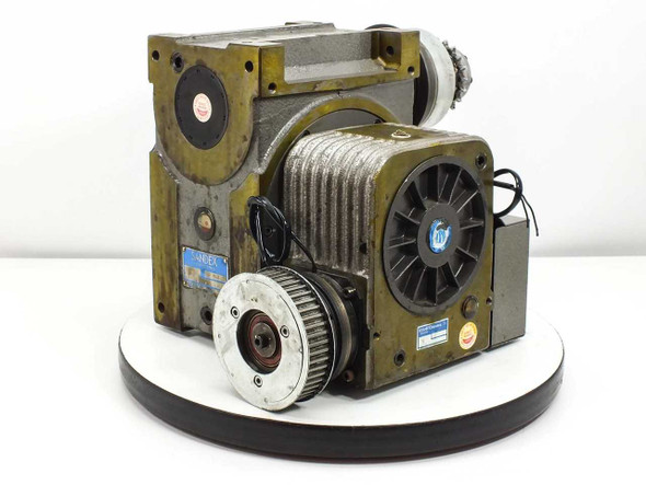 Sankyo Sandex 11DU R80-20RCB10 indexing drive assembly – front-left three-quarter view showing timing belt pulley input and fan-cooled housing