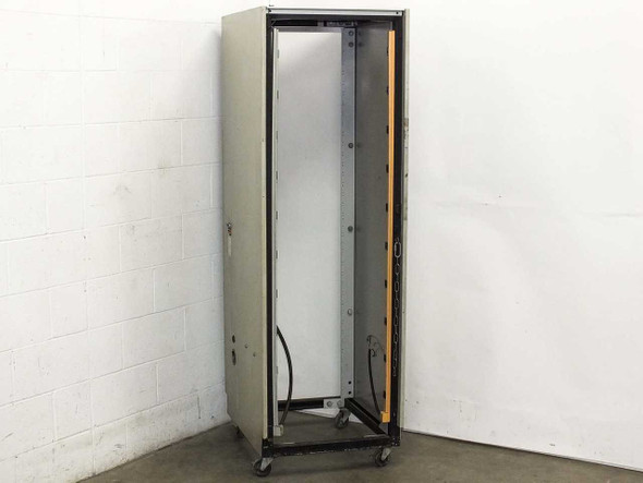 38U rackmount cabinet rear-quarter view showing open rear door and interior rack rails on casters