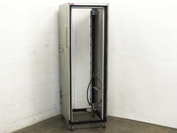 38U 19-inch rackmount cabinet chassis front view with glass door open, mounted on casters
