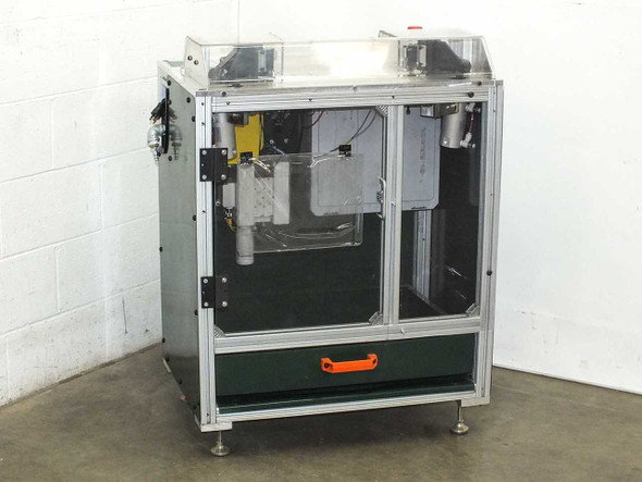 Uni-Solar MX1-711-000-5 corner trim machine — front view with polycarbonate safety guards open, showing pneumatic cylinders and orange-handled drawer
