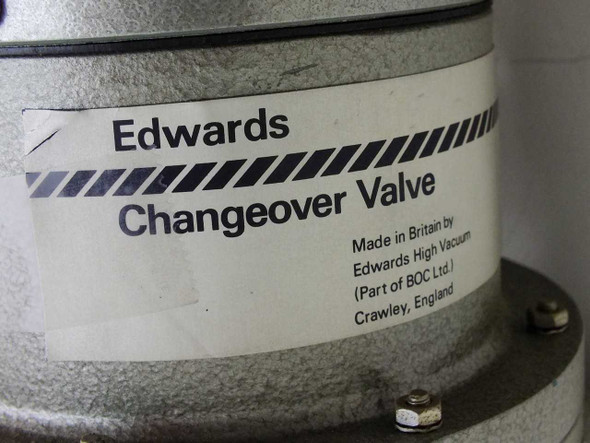 Edwards Changeover Valve label closeup — Made in Britain by Edwards High Vacuum, Part of BOC Ltd., Crawley England
