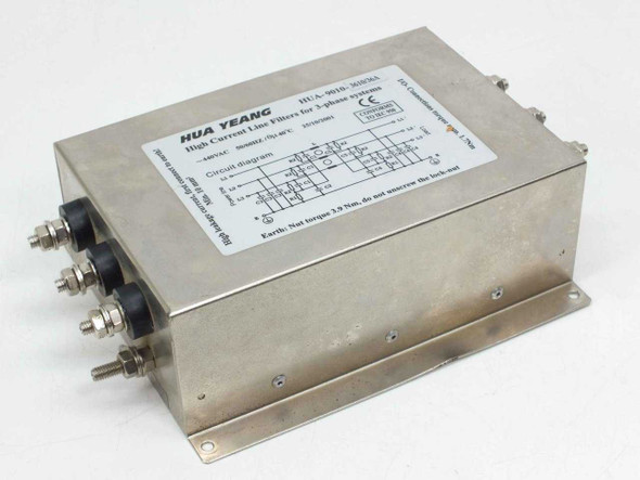 Hua Yeang HUA-9010-3610/36A 3-Phase Line Filter — front-right angled view showing rating label with circuit diagram, CE mark, and IEC 950 compliance badge on stainless steel housing