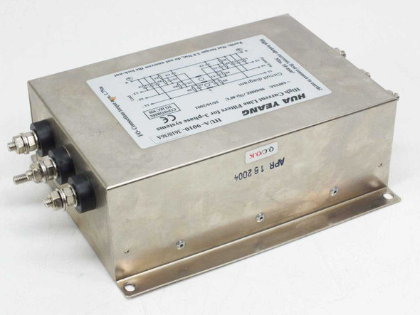Hua Yeang HUA-9010-3610/36A 3-Phase High Current Line Filter — front-left angled view showing stainless steel enclosure, input terminal studs on left side, and QC label with APR 15 2004 date stamp on top