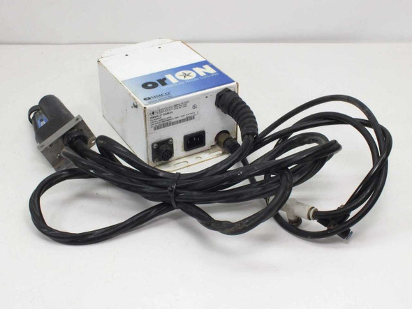 Simco Orion 4009045 Ionizing Air Nozzle Controller – front right view showing full unit with IEC AC inlet, nozzle cable, and power cord attached